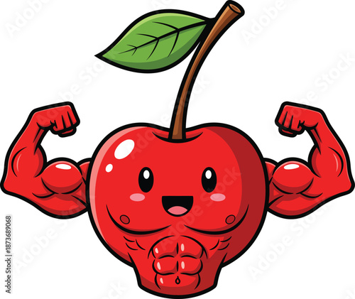 Strong red cartoon cherry character flexing its muscular biceps and showing off its sixpack abs.