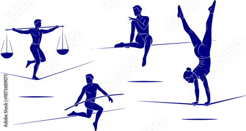 Tightrope Walker High Wire Silhouette Circus Acrobat Balancing Wire Act Performer Black Vector Isolated White Background Artist Balance Aerial Professional Tightrope