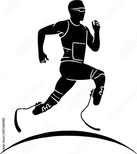 Action silhouette of a double amputee sprinter with running blades on track