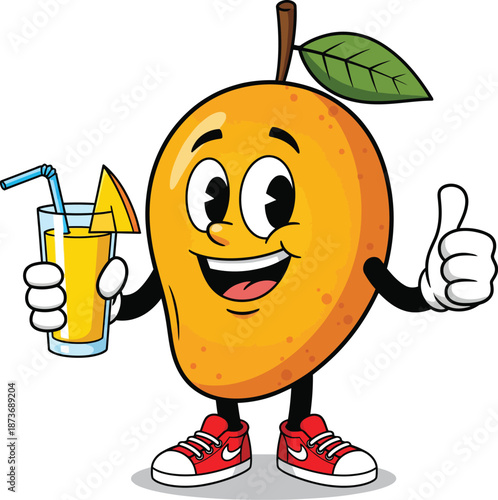 Smiling cartoon mango mascot character with red sneakers holding a glass of juice and giving a thumbsup.