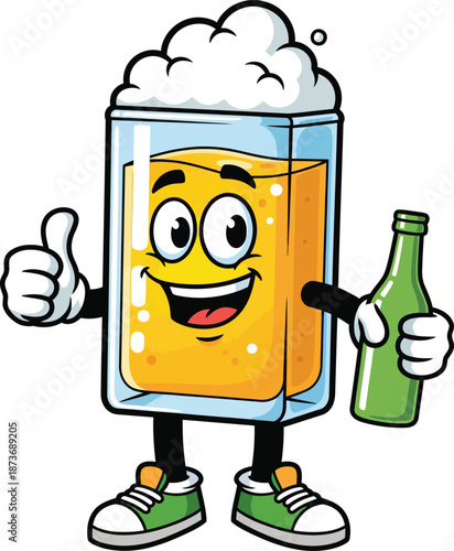 Smiling cartoon beer glass mascot with a foamy head holding a green bottle and giving a thumbsup.