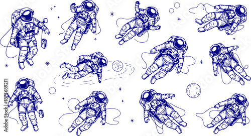 Astronaut Floating Spacewalk Silhouette Cosmic Zero Gravity Space Floating Drifting Explorer Black Vector Isolated White Background Weightless Cosmic Space Astronaut