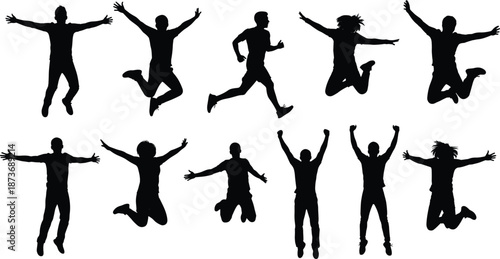 Collection of black silhouettes of people jumping for joy, running, and celebrating success, happy energetic men and women active life vector illustration,