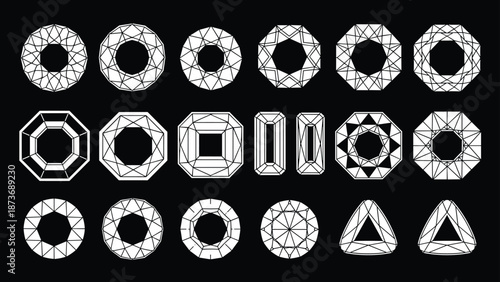 Collection of diamond and gemstone cut silhouettes with geometric crystal shapes, luxury jewelry design elements, and linear mineral stone outlines on black background,