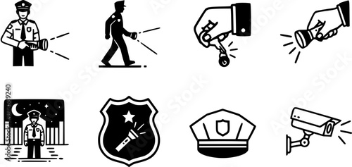 Nighttime Security Patrol Silhouette Guard Flashlight Night Watchman Security Rounds Black Vector Isolated White Background Night Shift Overnight Watchman Duty Professional