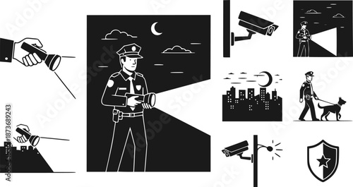 Nighttime Security Patrol Silhouette Guard Flashlight Night Watchman Security Rounds Black Vector Isolated White Background Night Shift Overnight Watchman Duty Professional