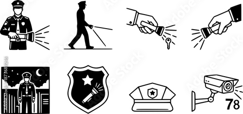 Nighttime Security Patrol Silhouette Guard Flashlight Night Watchman Security Rounds Black Vector Isolated White Background Night Shift Overnight Watchman Duty Professional