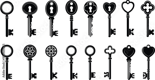 Collection of vintage skeleton key silhouettes with ornate decorative handles, antique metal door openers, heart shaped locks, and gothic style security hardware icons,