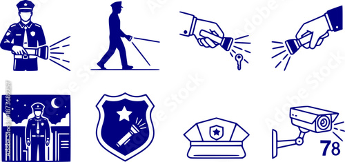 Nighttime Security Patrol Silhouette Guard Flashlight Night Watchman Security Rounds Black Vector Isolated White Background Night Shift Overnight Watchman Duty Professional