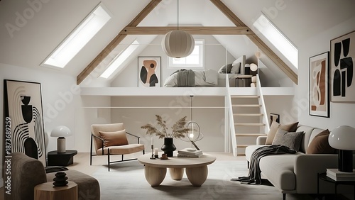 Cozy Attic Living Room with Loft and Natural Light.