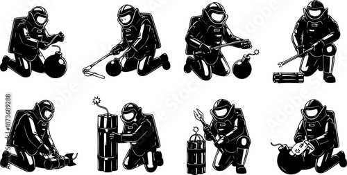 Bomb Disposal Expert Silhouette Defusing Explosive EOD Technician Dangerous Job Bomb Squad Black Vector Isolated White Background Professional Hero Military Hazardous
