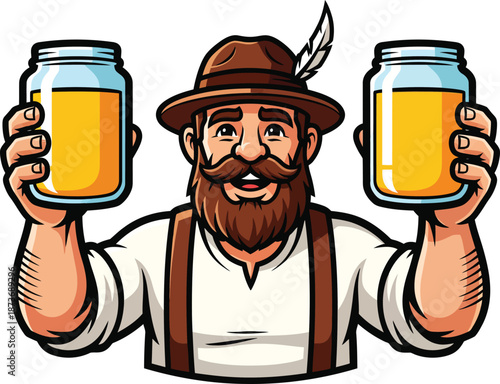 Smiling Bavarian man with a beard and feathered hat holding two jars of beer.