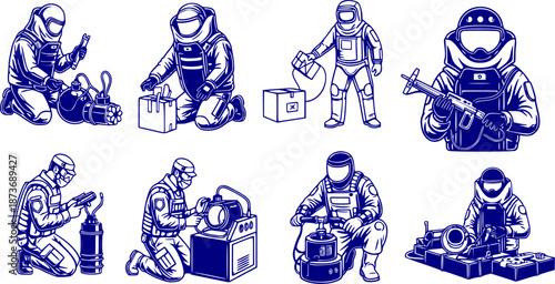 Bomb Disposal Expert Silhouette Defusing Explosive EOD Technician Dangerous Job Bomb Squad Black Vector Isolated White Background Professional Hero Military Hazardous