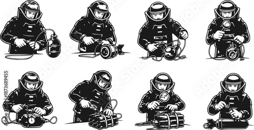 Bomb Disposal Expert Silhouette Defusing Explosive EOD Technician Dangerous Job Bomb Squad Black Vector Isolated White Background Professional Hero Military Hazardous