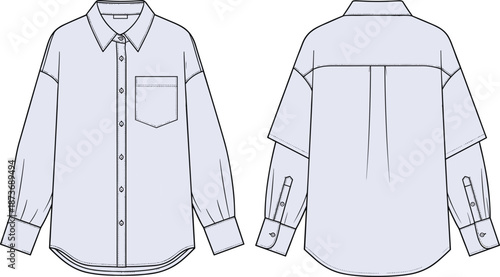 Women oversized long sleeve button down shirt technical flat sketch, front and back view apparel template, fashion CAD vector illustration,
