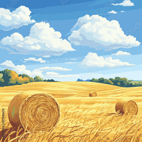 Summer harvest landscape with golden wheat field and hay bales under a picturesque blue sky with white clouds, vector illustration , vector style simple color