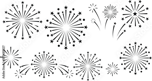 Set of 12 Silhouette Fireworks Burst Icons Vector