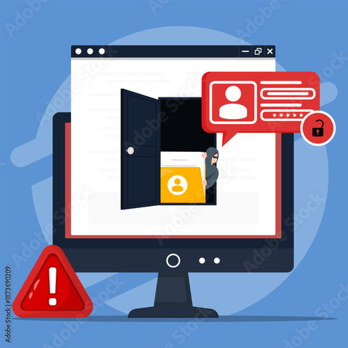 Cyber security breach concept showing a hacker stealing user data from a computer screen. Symbolizing data theft, identity fraud, online threats, and digital privacy risks.
