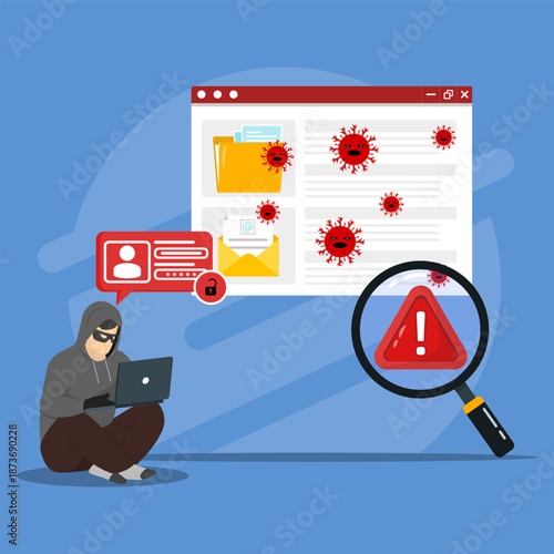 Cyber crime and personal data thief concept. Showing a hacker accessing infected emails and files. Highlighting malware attacks, data breaches and phishing risks