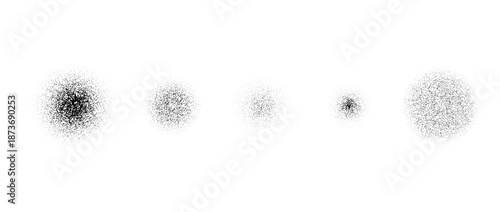 Round grain brush stroke set. Circle stippled noise gradient collection. Dotted splatter overlay spots. Grunge sprinkle dotted spray texture. Vector gritty splashed piles. Radial dust sand elements