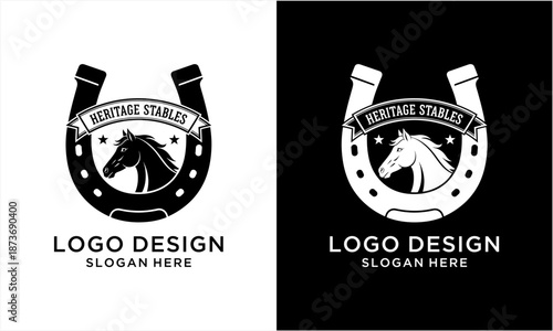 Heritage Stables Horse Head and Horseshoe Logo Design.
