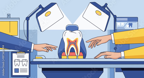 Dental professionals meticulously examine a magnified human tooth cross-section, illuminated by bright medical lamps, revealing intricate internal anatomy for educational and treatment insights.