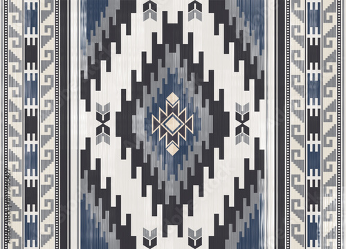 Modern blue and grey tribal geometric pattern with traditional Southwestern ethnic ornaments.Elegant seamless-style illustration with abstract diamond designs and vertical fiber texture. Ideal for con