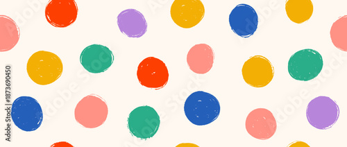 Bright clown polka dot seamless pattern. Repeated round painted confetti background. Happy colorful dotted wallpaper for Easter wrapping paper, birthday decoration, kid bday nursery decor. Vector