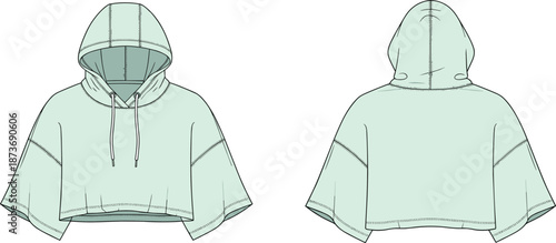 Technical flat sketch of wide-sleeve cropped hoodie with drawstring hood, front and back views for fashion design and garment illustration