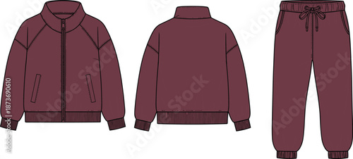 Technical flat sketch of maroon tracksuit set with zip-up jacket and drawstring pants, front and back views for fashion design illustration