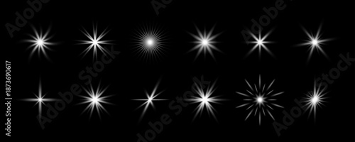 White glowing sparkles collection. Shining light flares effect set. Magical stars, twinkles and sparks glowing pack. Starlight rays radiance sun elements group. Radiant sun beam bursts bundle. Vector