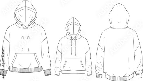 Hooded sweatshirt, front side back view, kangaroo pocket, drawstring hood, fashion, garment, apparel, vector, sketch, template, flat, technical, construction, 