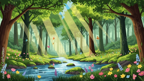 Serene Forest Landscape with Trees and Flowers.