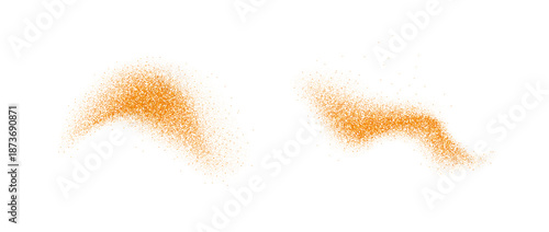 Orange spices powder splashes. Flying masala seasoning particles burst. Dust sand and dirt textured piles. Cumin and curry flakes scattered on surface. Dried spicy explosion. Vector illustration