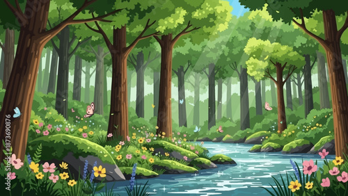 Serene Forest Landscape with River and Trees.