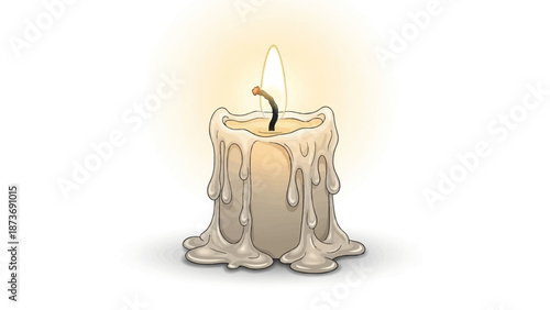Melted Candle with Wax Drips and Flame.