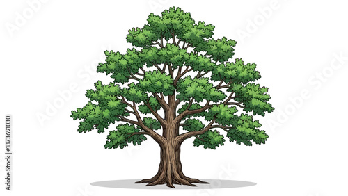 Mature Tree with Green Leaves and Trunk.