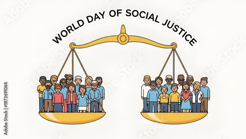 Social justice equality illustration showing balanced scale with diverse people fairness human rights inclusion diversity community awareness for global education and social responsibility campaigns