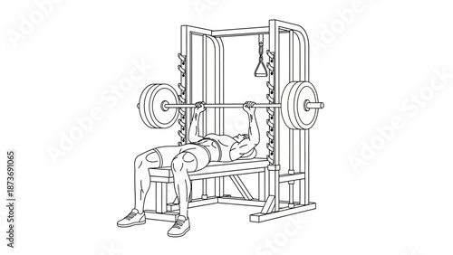 Man Lifting Weights on Bench Press.