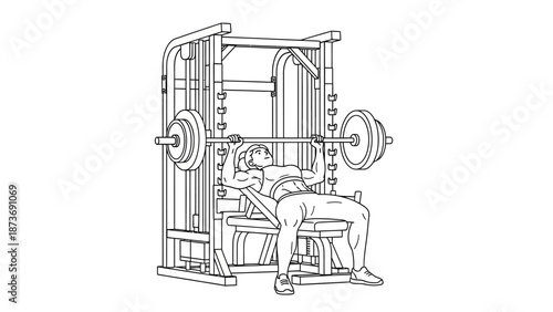 Man Lifting Weights on Bench Press Machine.