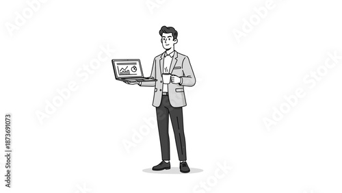 Man Holding Laptop and Coffee Cup.