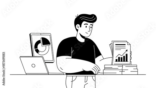 Man Analyzing Data on Laptop and Papers.