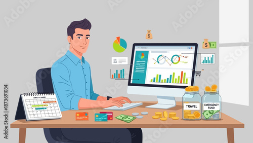 Man Analyzing Data on Computer Screen.