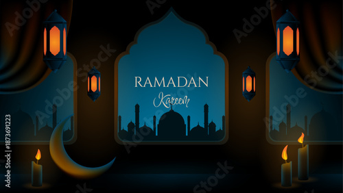 Ramadan kareem with a crescent moon candles and lanterns in the night.