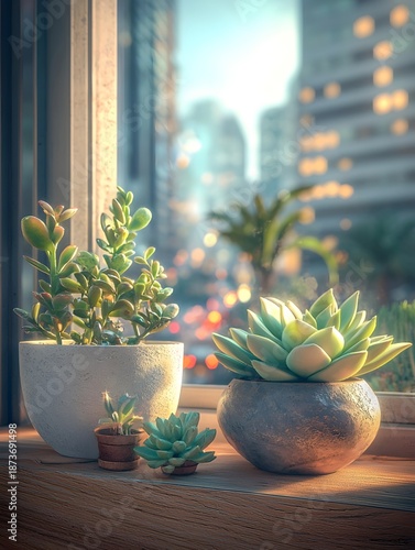 Succulent plants under lighting and urban night scenes