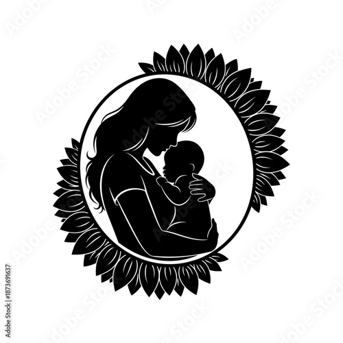 Sunflower Circle Mother Baby Nursing Silhouette Vector Art