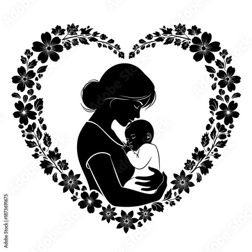 Flower Wreath Bun Mother Baby Nursing Silhouette Vector