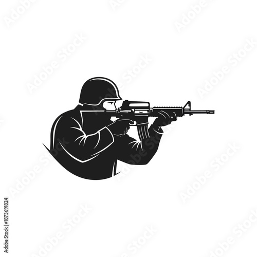 Soldier aiming assault rifle, tactical silhouette, military, weapon, security, defense, combat