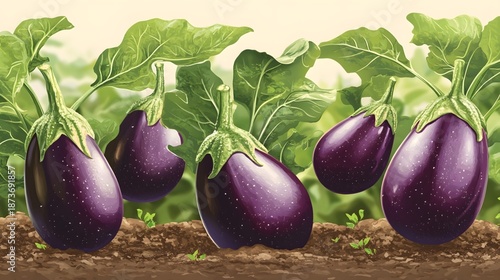 Purple eggplants under the sunshine in the summer vegetable garden