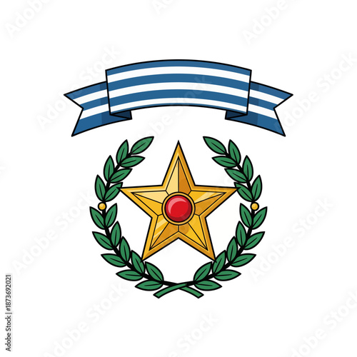 Golden Star Award Badge with Laurel Wreath and Blue Ribbon Banner